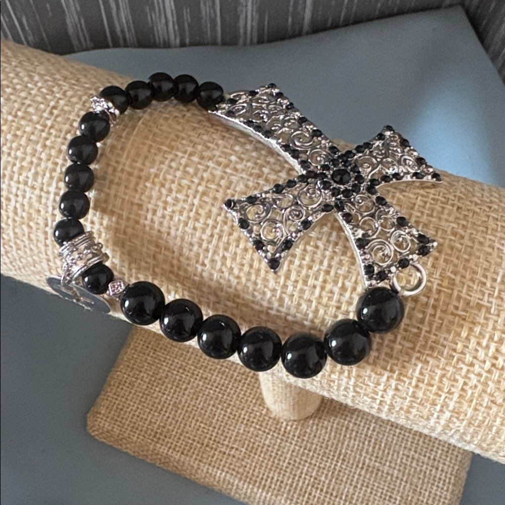 Silver Filigree Cross Bracelet with Black Accents